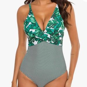 NWT B2PRITY Green Stripe Leaf Tropical Faux Wrap One Piece V-Neck Swimsuit